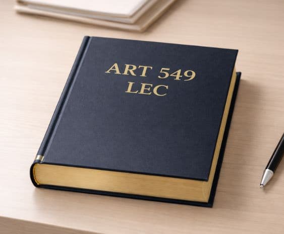 Libro encuadernado en azul marino con letras doradas 'ART 549 LEC' sobre un escritorio de madera, junto a un bolígrafo.