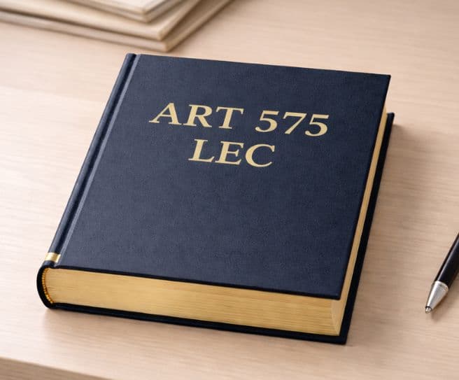 Libro encuadernado en azul marino con letras doradas 'ART 575 LEC' sobre un escritorio de madera, junto a un bolígrafo.