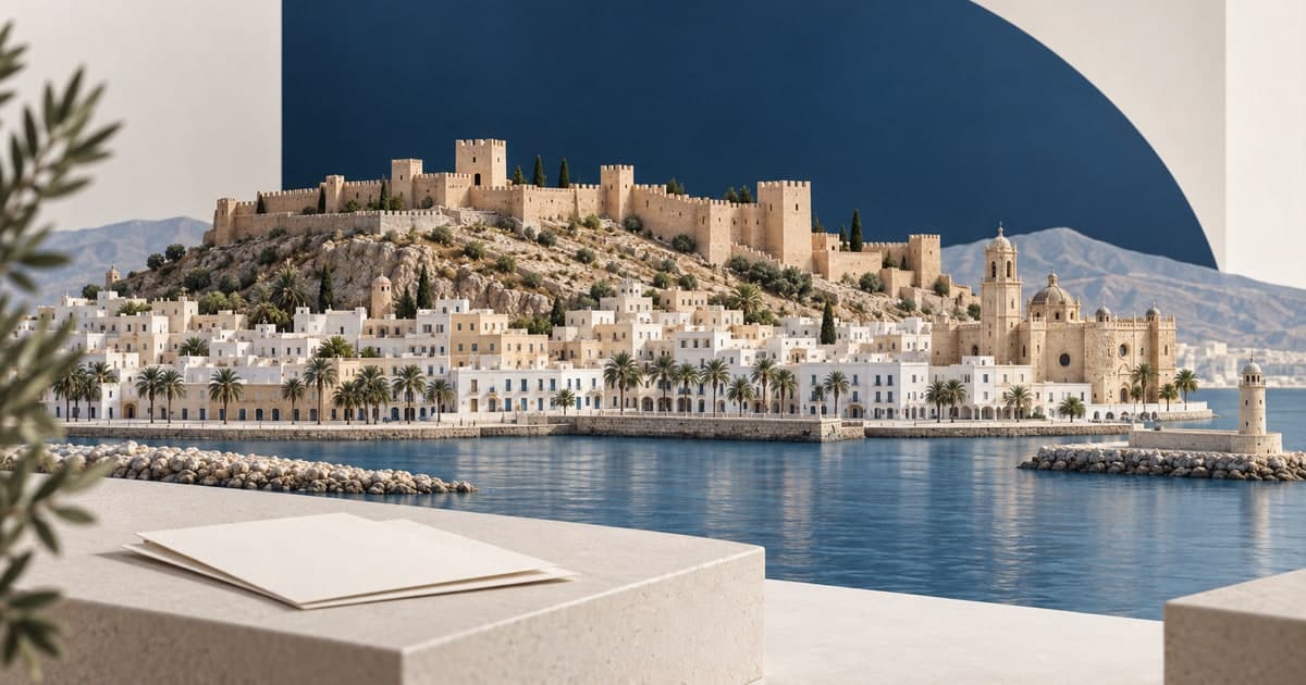 Ilustración de arquitectura inspirada en la Alcazaba de Almería, con tonos azul marino y piedra clara