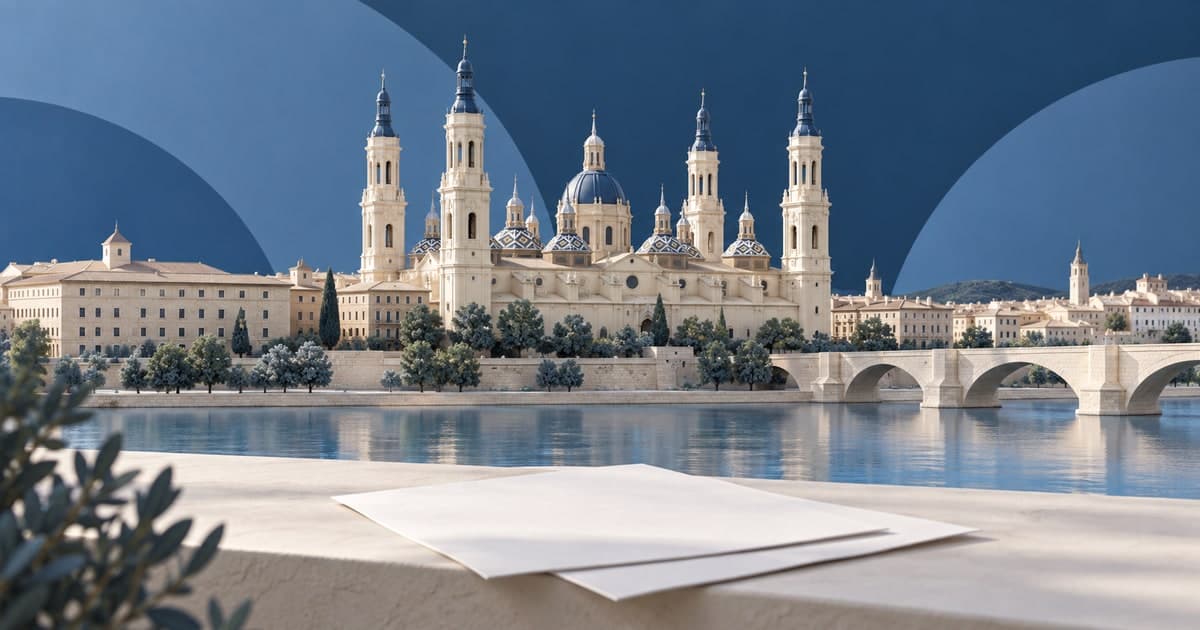 Ilustración de arquitectura inspirada en la basílica del Pilar y el Ebro de Zaragoza, con documentos jurídicos en primer plano